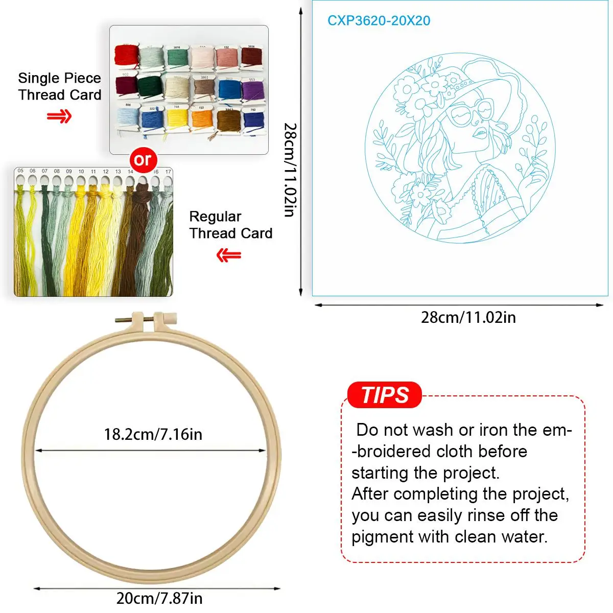 1 Stück 20x20 cm/15x15 cm 7,87/6,3 Zoll Stickerei-Starter-Kit für Frauen, DIY-Kit, Stickerei-Set, Bastelset für Anfänger – Detail 4