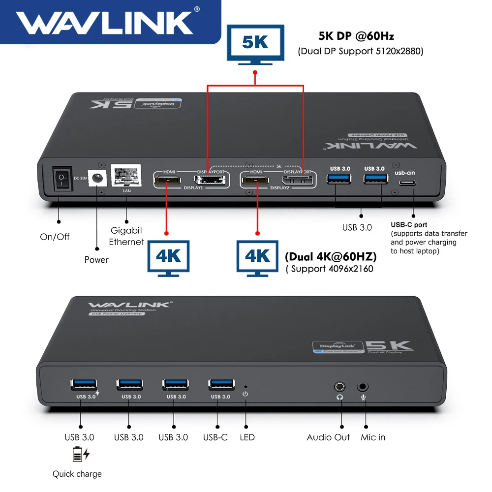 Wavlink 4K USB-C Universal Docking Station Gigabit Lan USB 3.0 5K HDMI Compatible DP Display Power Delivery For Windows Mac OS