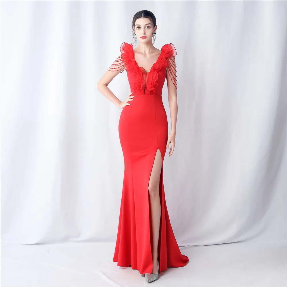 Sladuo Sexy V Neck Beading Mesh Ruffle Dress For Women Sleeveless  Elegant Split Evening Celebrity Party  Dresses Vestidos