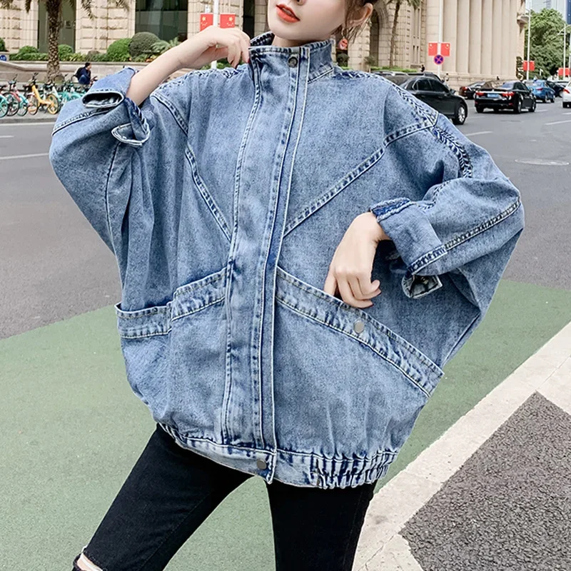 

Women Blue Denim Jacket Mandarin Collar Long Sleeve Solid Loose Oversize Chaqueta Mujer