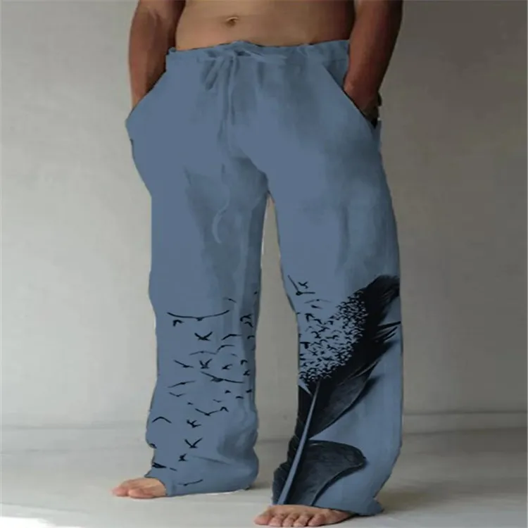 

Feather Loose Pants Personalized Casual Vacation Pants Summer Drawstring Pants Slimming Straight Leg Pants For Men WR6