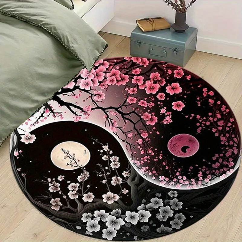 Yin Yang Cherry Blossom Round Rug Flannel Japanese Zen Floor Mat Pink White Flowers Moon Night Sky Decor Meditation YogaRoomSoft