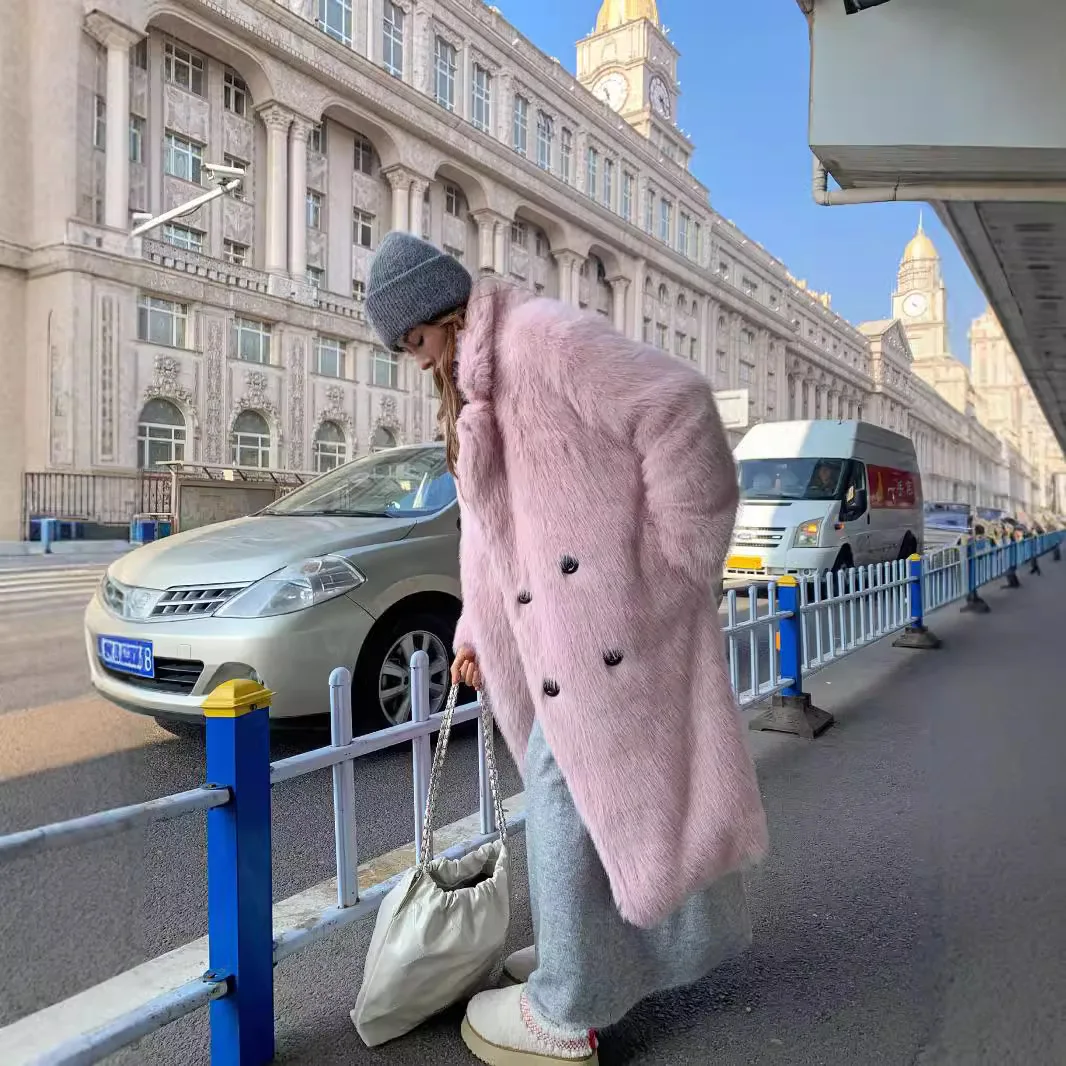 معاطف نسائية من فرو الثعلب الصناعي سترة طويلة من الفرو جيب كبير بياقة مقلوبة وأكمام طويلة مزدوجة الصدر غير رسمية لخريف وشتاء 2026