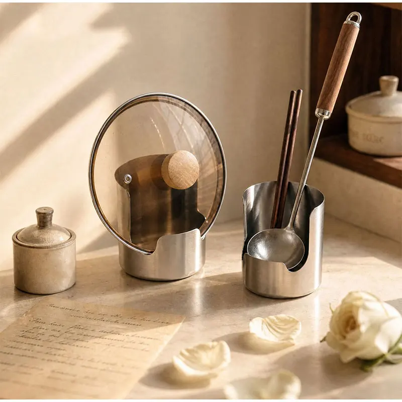 304 Stainless Steel Pot Lid & Utensil Holder Stand Thickened Vertical Kitchen Organizer Rack for Spatulas, Ladles, Covers