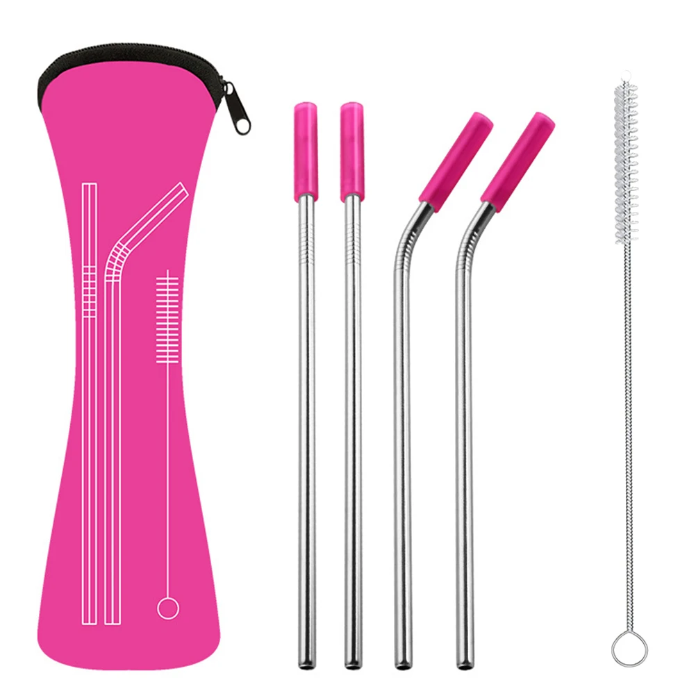 Paket Sedotan Stainless Steel Set Pengisap Minum Sedotan Anti Gores dengan Ujung Silikon