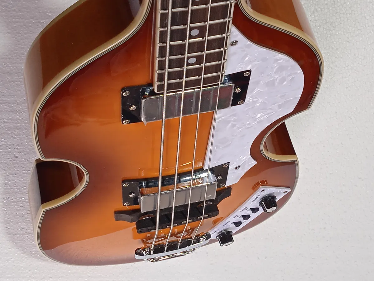 Violin BB2 Electric Bass Guitar, Vintage Sunburst Color, White Pearl Pickguard, Wood Bridge, Full Size, 4 String Bass