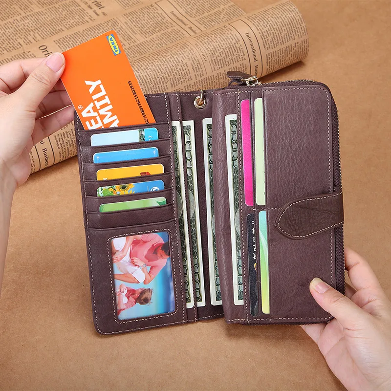 Grande pochette en cuir véritable pour femme, portefeuille à deux volets, long, sac à main en cuir véritable, fermeture éclair, porte-monnaie féminin