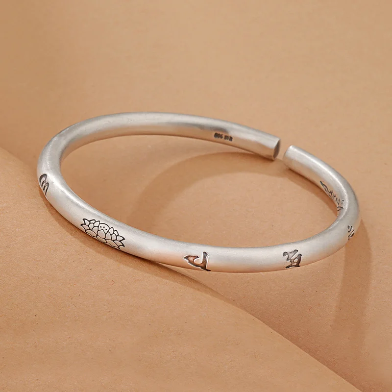 

New Style Pure Silver Bracelet for Women, Vintage Matte Lotus Flower, Personalized Round Bar Open Solid Silver Bangle