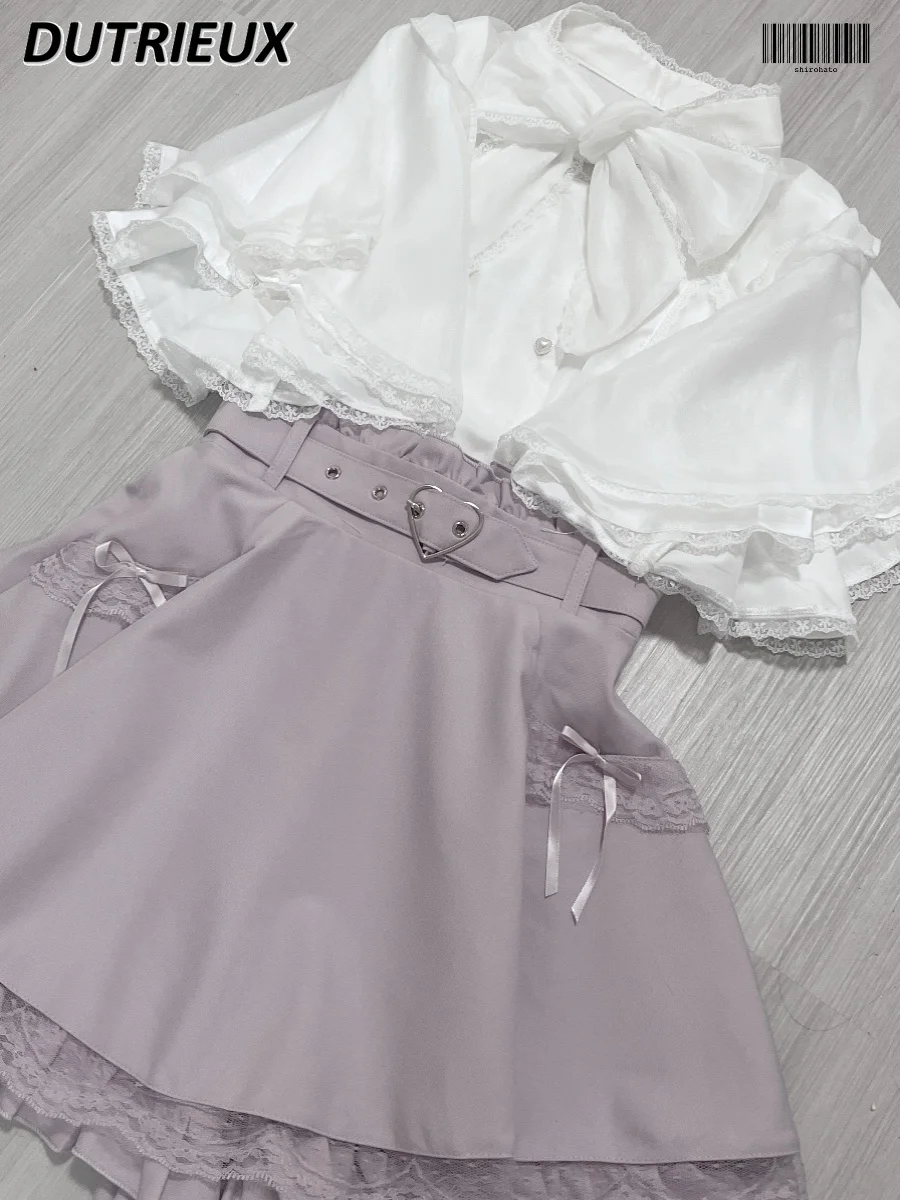 

Summer New Sweet and Cute Girls High Waist Lace Pocket Culottes Japanese Style Solid Color Kawaii Versatile Strap Short Skirt