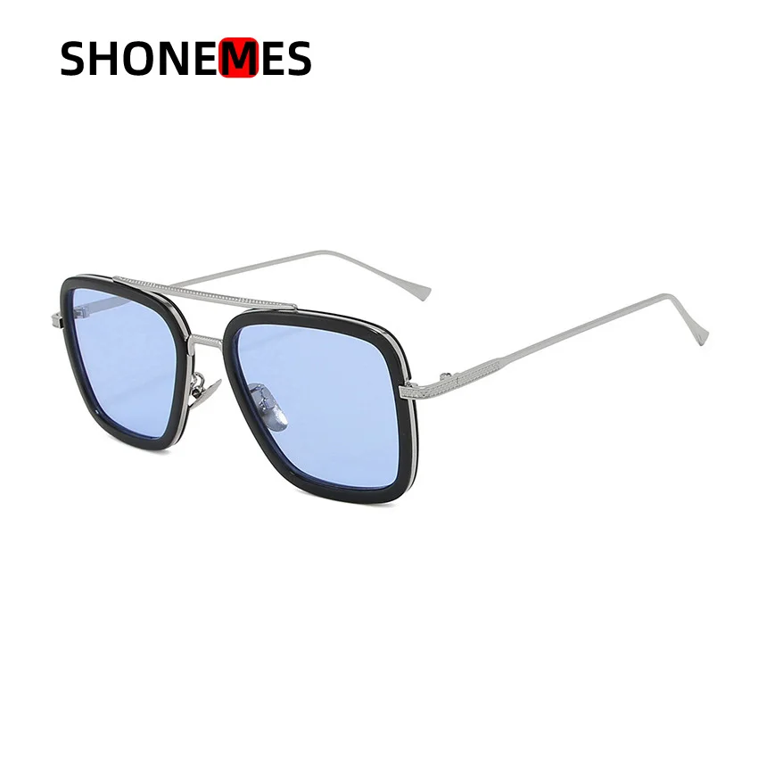 Shonemes Square Sunglasses Retro Double Bridge Shades Outdoor UV400 Sun Glasses Black Light Blue Grey for Men