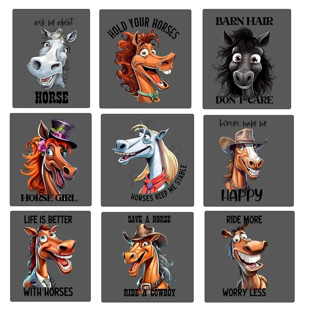 

9pcs Funny Horse Quotes Iron On Transfer Decals Thermal Stickers for Clothing Appliqued Washable DIY Applique Iron On Heat Pr