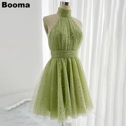 Booma Green Starry Tulle Mini Prom Dresses Halter Sleeveless A Line Cocktail Dresses Homecoming Party Gown Special Evening Dress