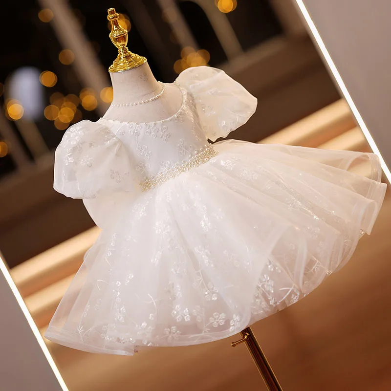 Chridren\'s Princess Dress for 1-14 Year Old Flower Kid Wedding Elegant White Party Gown Baby Girl Piano Performance Dress Spring