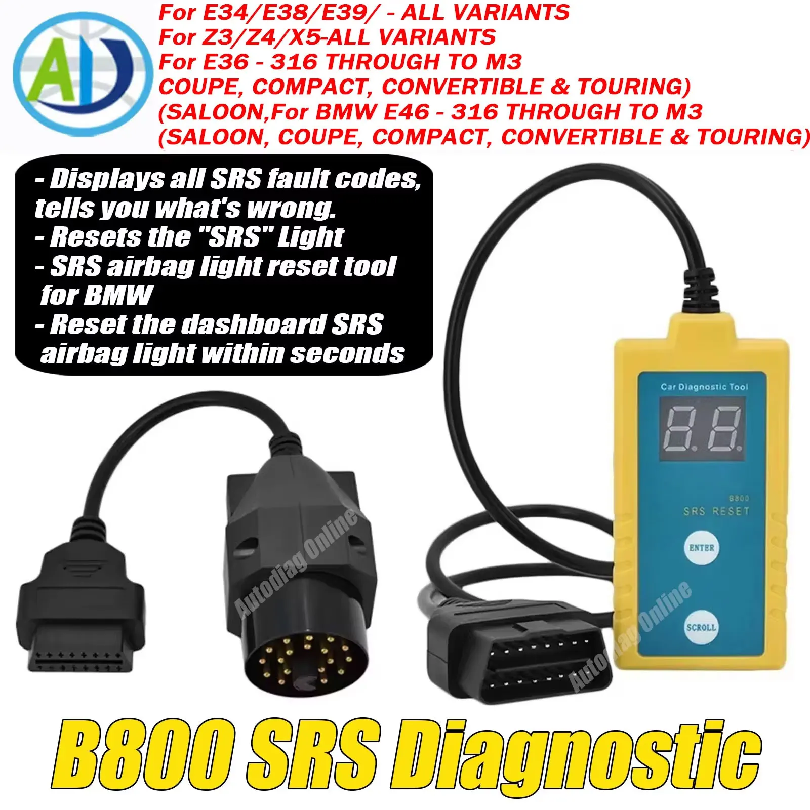 

OBD2 Airbag Reset Tool For E36 E46 E34 E38 E39 Z3 Z4 X5 Vehicle B800 SRS Airbag Error Code Remover OBDII Diagnostic Scan Tool