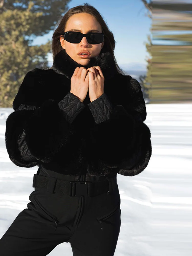 レディース フェイクファー スプライシング ジップアップ ジャンプスーツ 長袖 無地 ウエストバンド付き 暖かいジャケット 2025年新作 冬 スキー スポーツウェア