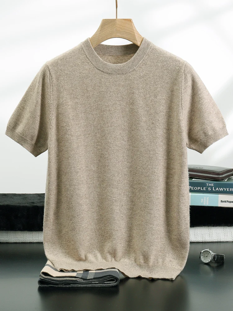 

Men's Summer T-shirt 100% Cashmere Knitwear O-neck Short Sleeve Pullover Basic Smart Casual Cashmere Sweater Soft Comfy Tops