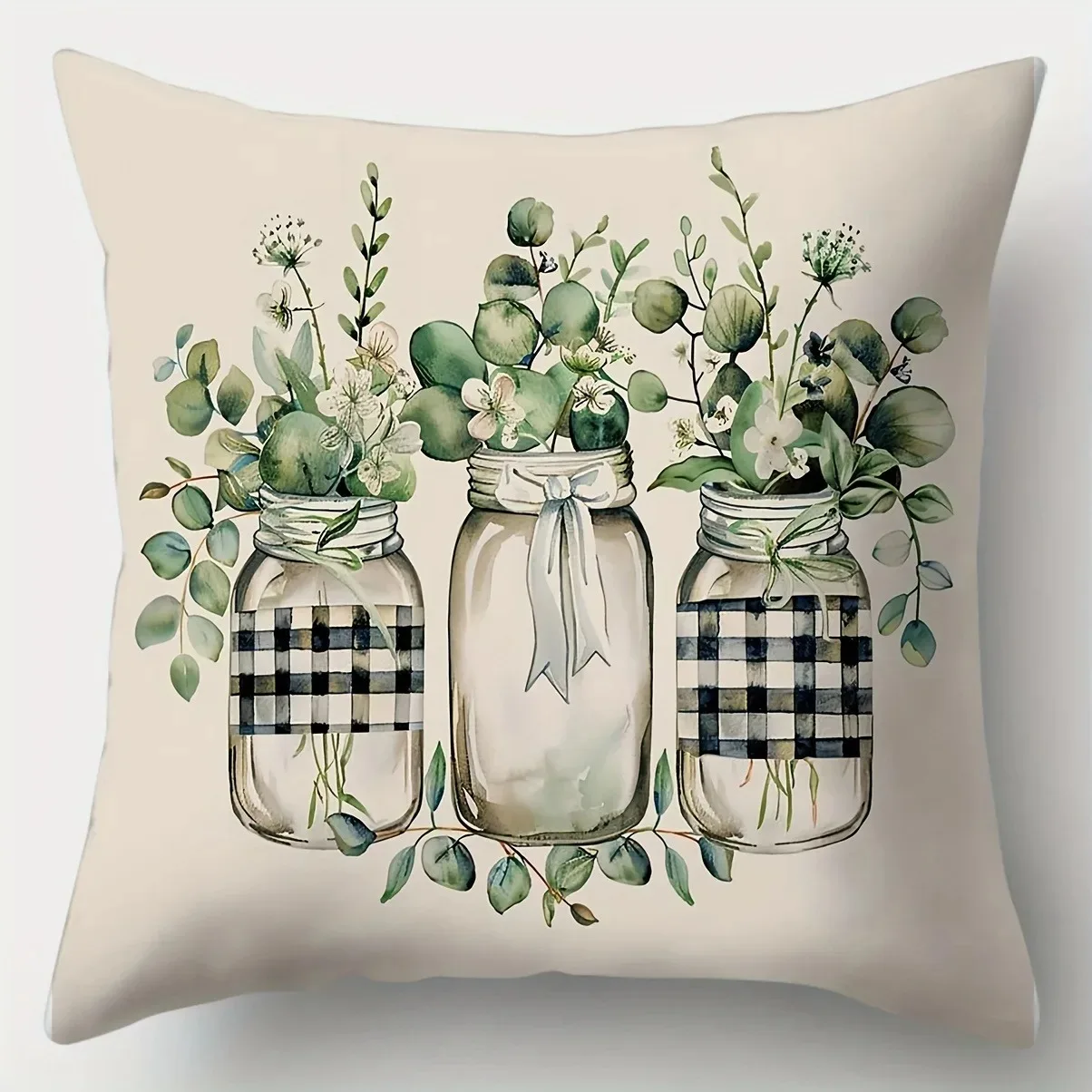

Rustic Greenery Peach Skin Pillowcase 2D Flat Printed Buffalo Plaid Bow Cushion Cover For Modern Farmhouse Sofa Chair Home Decor