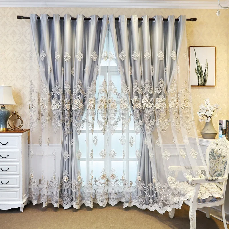 European Luxury Embroidered Double-Layer Semi-Blackout Curtains Custom for Living Room and Bedroom High Shading Rate Curtains