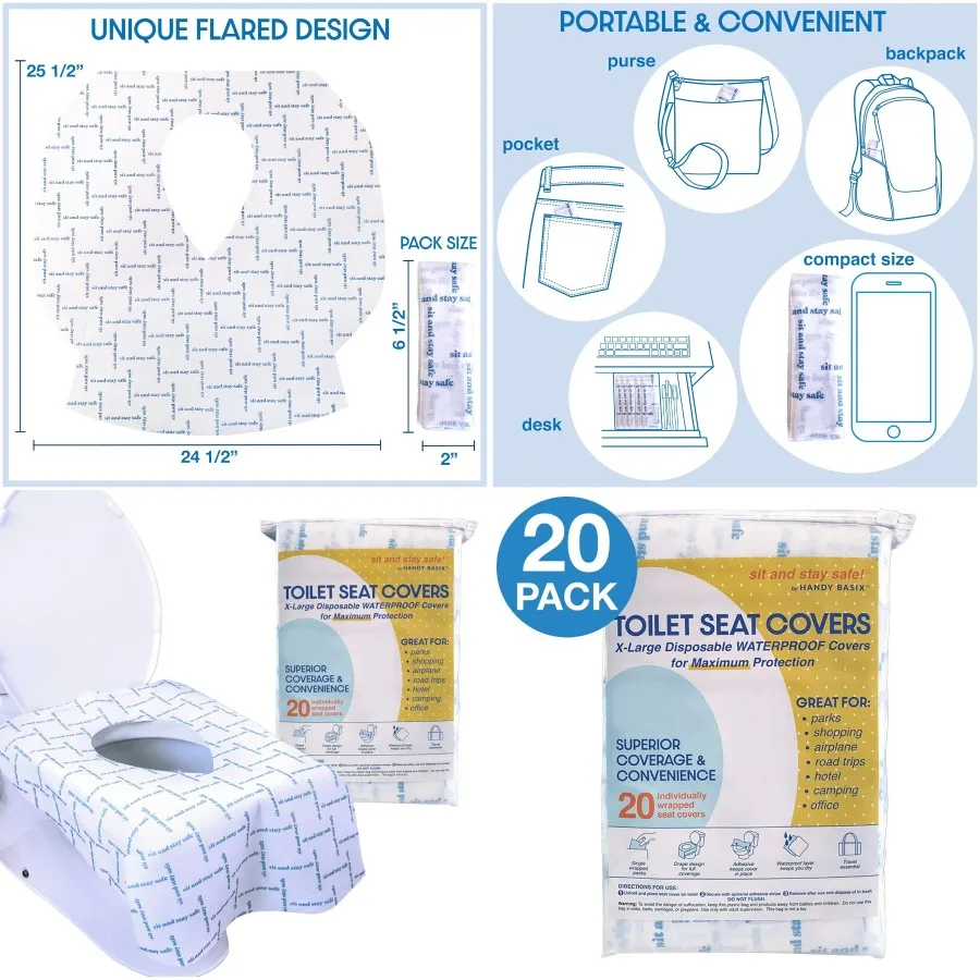 

XL Full Coverage Disposable Toilet Seat Covers for Adults Potty Training Waterproof 20 Pcs Single Wrapped for Hygiene and Comfo