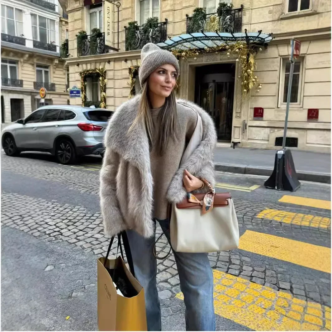 Chic Fluffy Winter Women Artificial Fur Coat Pure Color Collar Pockets Lady Eco Fur Jacket New Long Hair Warm Female Fur Coat