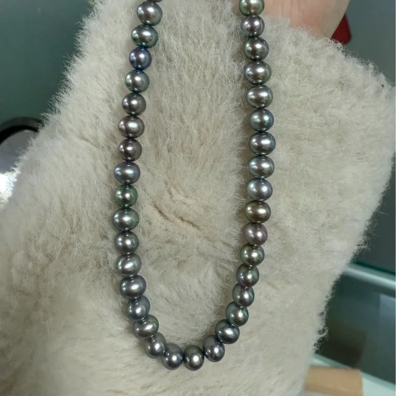 Natural 12-14mm Genuine Edison Round Pole Colorful Deep Purple Pure Silver Bead Necklace