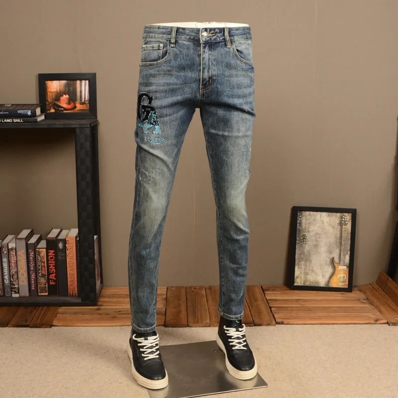 

Retro Distressed Street Jeans Men's Slim Fit Skinny Stretch Fashion Printed Washed High-End Casual Quality Men's Pants