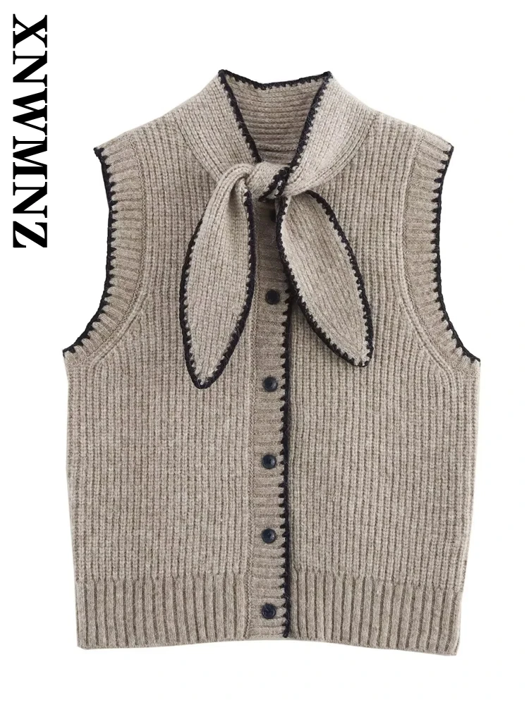 XNWMNZ 2024 Autumn Woman’s Streetwear Sleeveless Knitted Vest Gilet Commuting Winter Lady V-Collar Sweater Bowknot Top Waistcoat XNWMNZ 2024 Autumn Woman’s Streetwear Sleeveless Knitted Vest Gilet Commuting Winter Lady V-Collar Sweater Bowknot Top Waistcoat