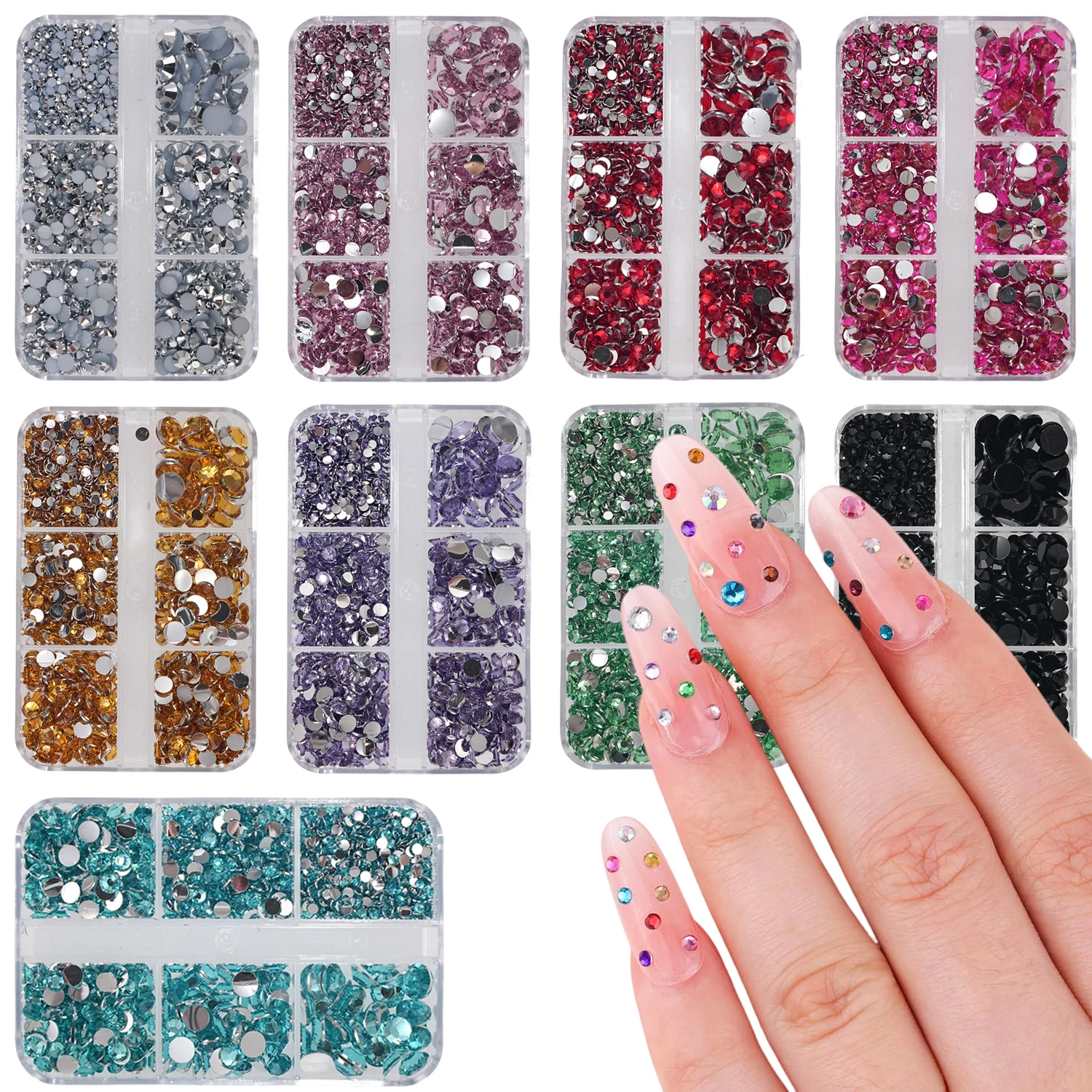 6-Grid/Box 2-6mm Mixed Size Resin Diamond Nail Flat Back Nail Accessories Nail Rhinestones DIY Decoration