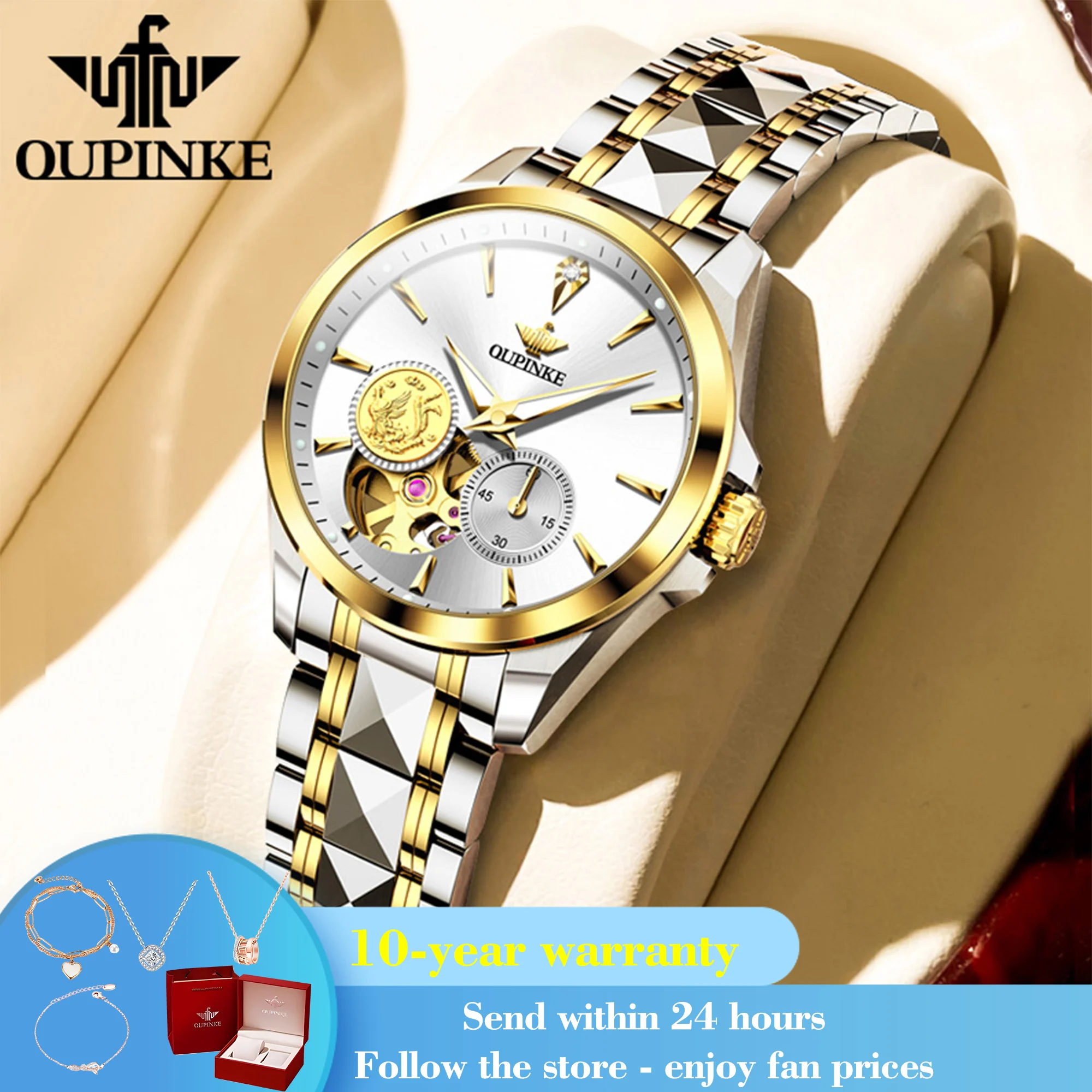 OUPINKE 3260 Real Diamond Mechanical Watch For Women Hollow Luxury Wristwatch Import Movement Waterproof Business Woman Watches