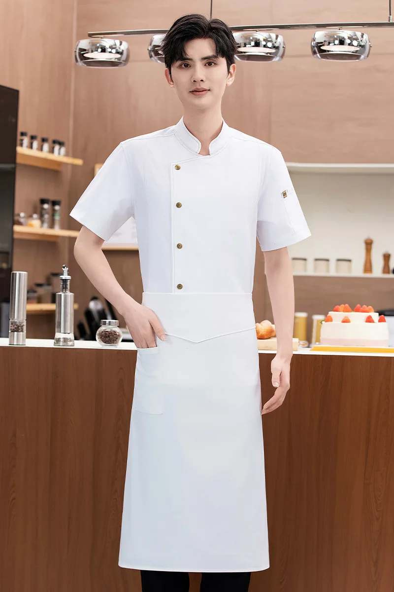Uniforme de Chef de manga corta para hombre, chaqueta de Chef de malla transpirable con delantal, abrigo de Chef de cocina para restaurante, ropa de trabajo negra para mujer con logo