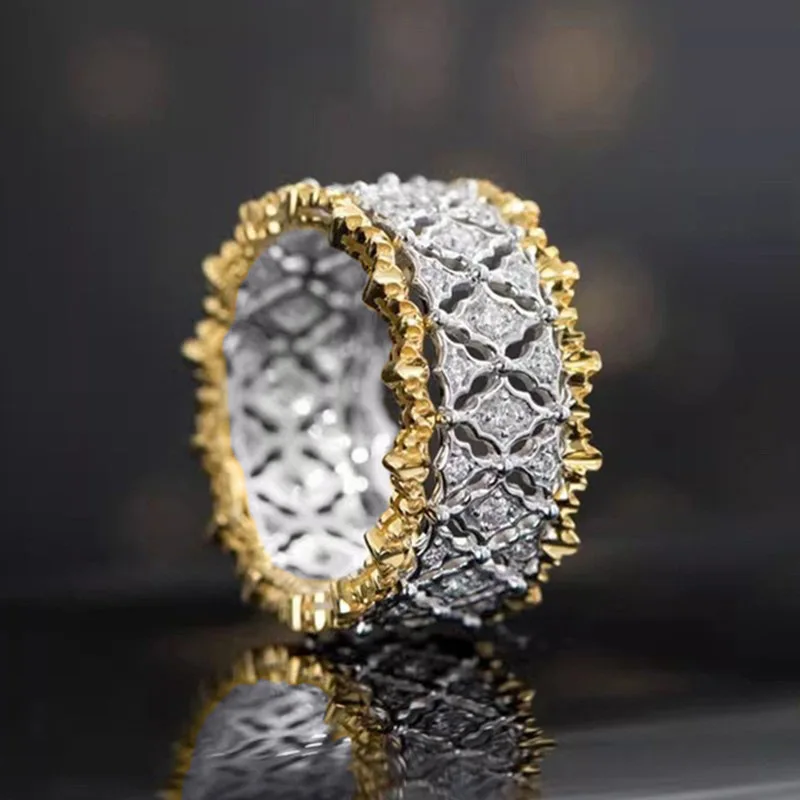 Huitan Aesthetic Tow Tone Rings for Women Fashion Geometric Hollowed-out Metal Female Accessories Simple Stylish Charms Jewelry