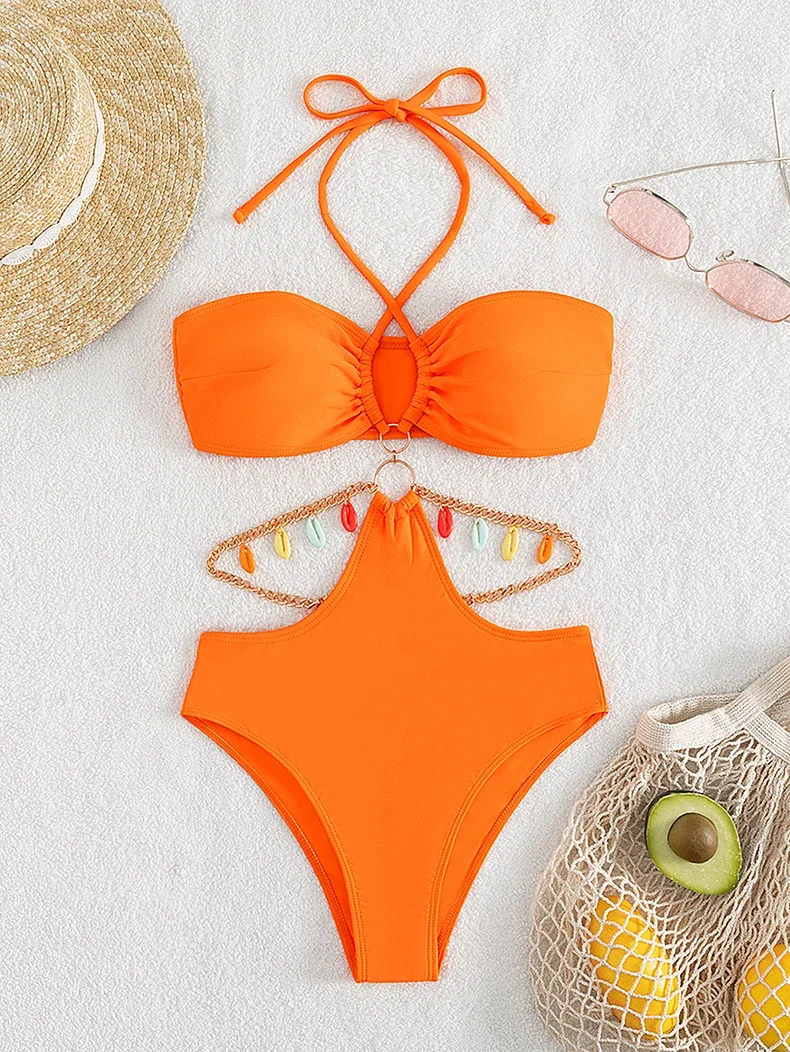 Sexy Orange Swimsuit Women Halter Pleate Criss Cross Metal Shell Designer One Piece Swimsuit 2024 Backless Bathing Suit Monokini