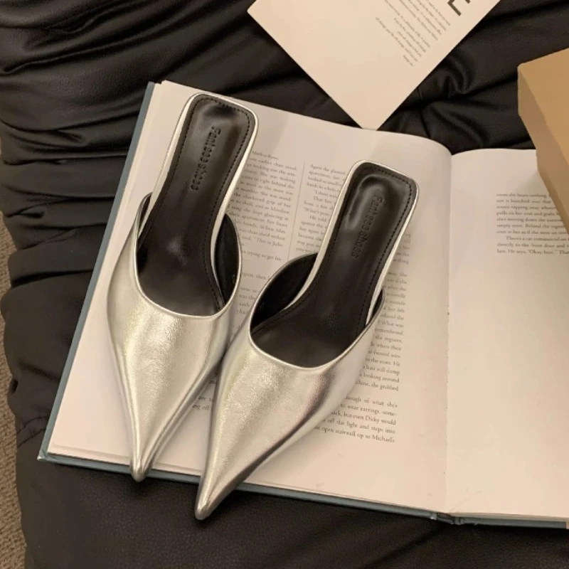 Low heeled pointed back empty half slippers for spring summer new casual simple comfortable women's shoes
