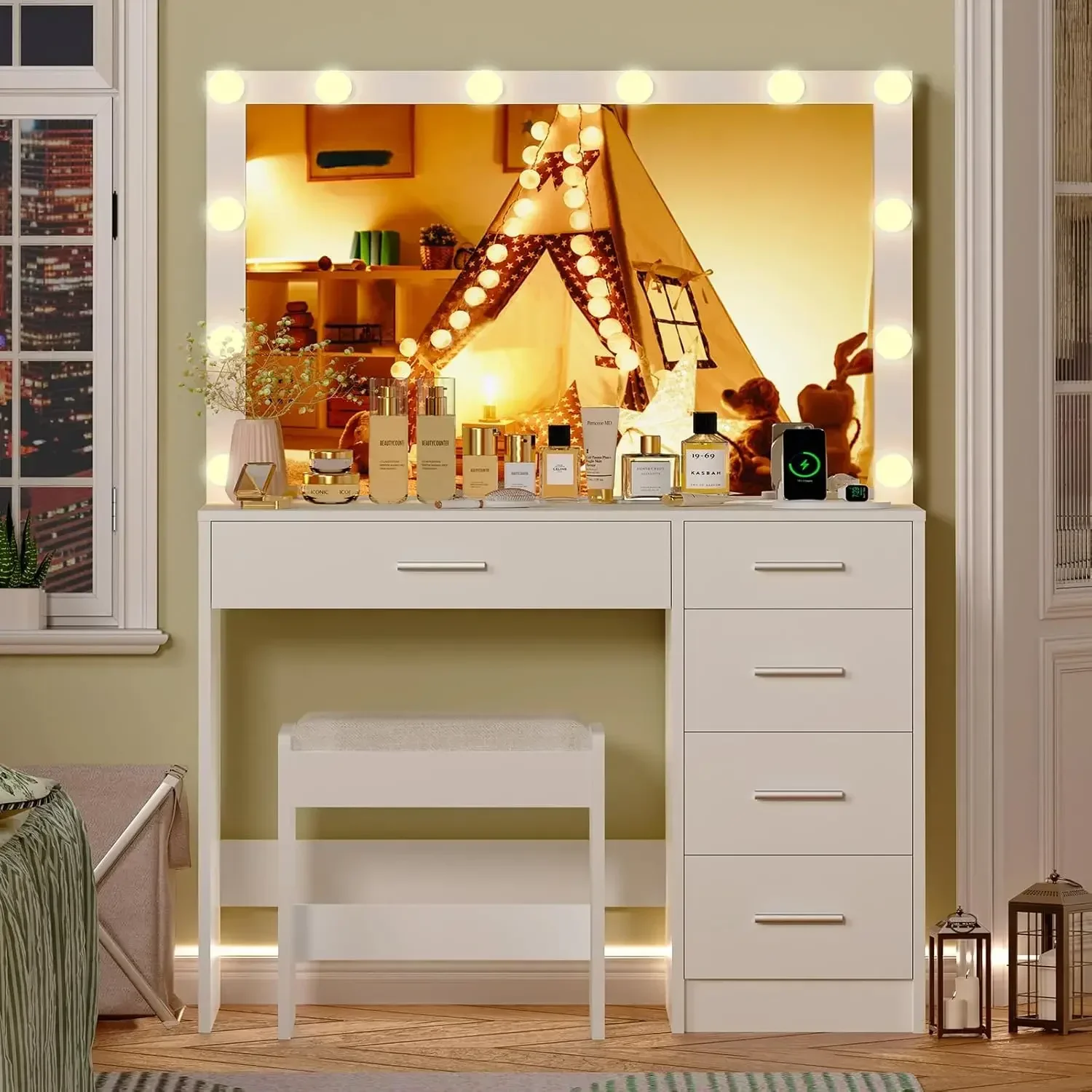 usikey Makeup Vanity with 12 Lights, Vanity Desk with Power Outlet, Makeup Vanity Table with 5 Drawers, Large Mirror.