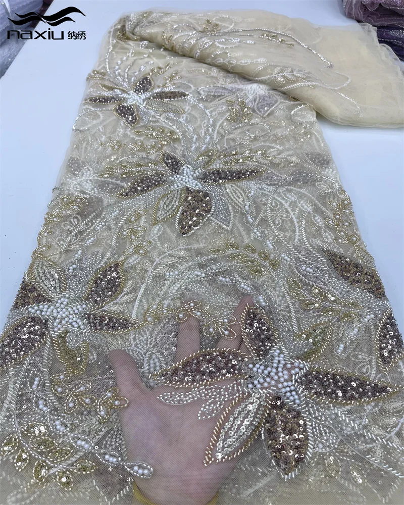 Madison Luxury French Beads Lace Fabric 2024 High Quality African Sequins Groom Net Lace Fabrics For Nigerian Wedding Dresses