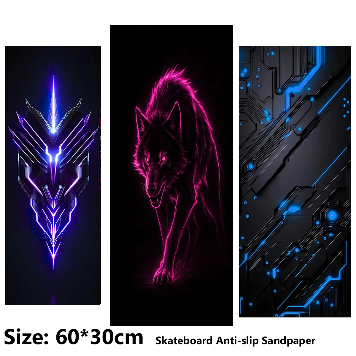 Electric Scooter Anti-slip Sticker Sandpaper Skateboard GripTape Sheet 60*30cm Cool Mecha Wolf Pattern