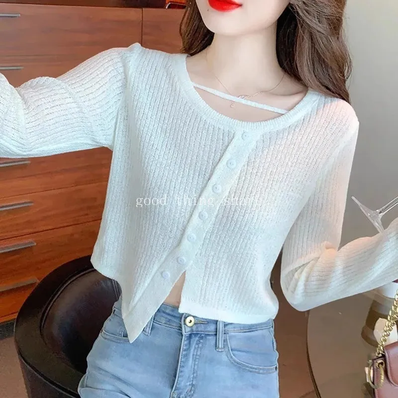 Spring and Autumn New Knitwear Women's Fashion Irregular Sweater Long-Sleeved Shirt Thin