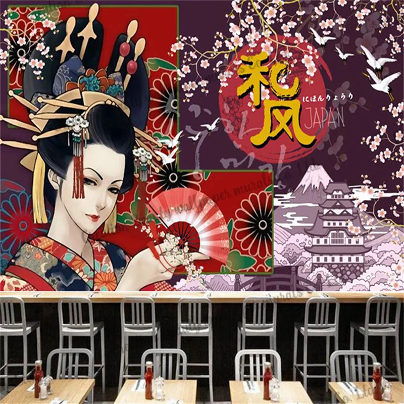 Custom Japanese Kimono Ladies Wallpaper Industrial Decorative Mural Restaurant Sushi Bar Bedroom Living Room Sofa Background