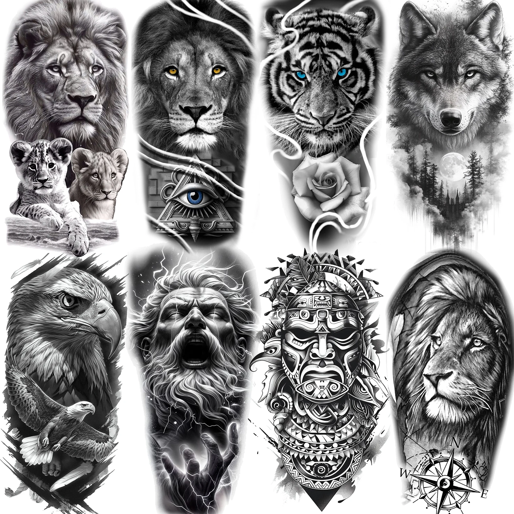 

1 Sheet Waterproof Lion Jesus Temporary Tattoos For Men Women Adults Long Lasting Realistic Eagle Wolf Temp Fake Tattoo Stickers