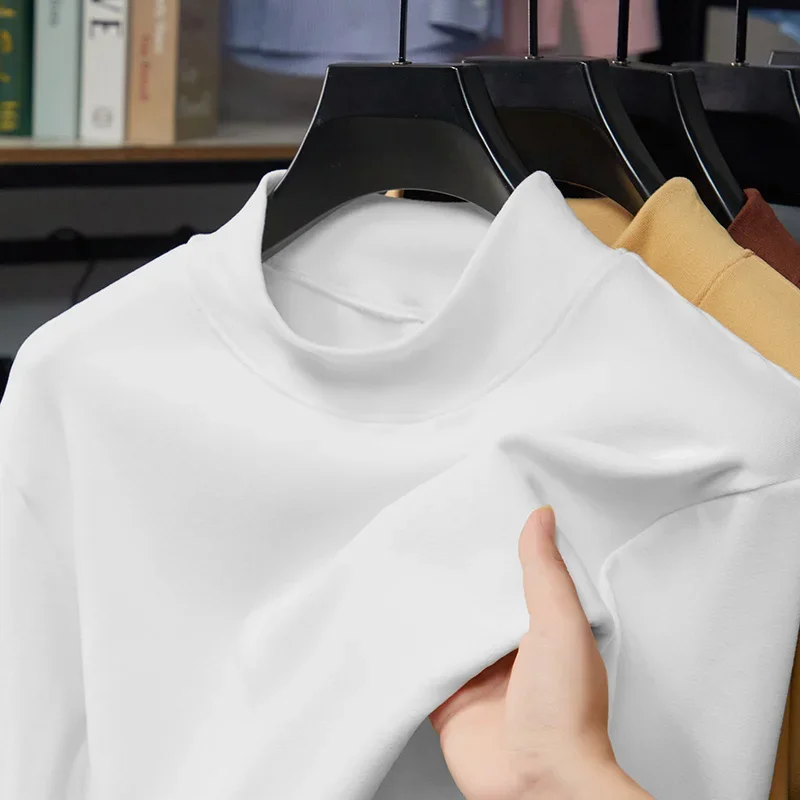 2026 New Men's Casual Solid Color High Collar Velvet Long Sleeve T-shirt Spring and Autumn Versatile Comfortable Top