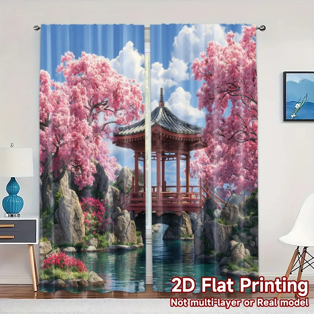 2pcs, 2D FLAT PRINTING Curtains (Without Rod) CherryGardenPagoda Chic Curtains&Window Treatment Durable Polyester Curtains