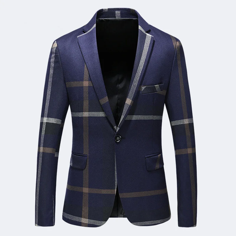 Plus Size 5XL Mens High Quality Plaid Blazers Brand Clothing Dark Blue Grey Blazer Hommes Slim Casual Social Party Suit Jacket