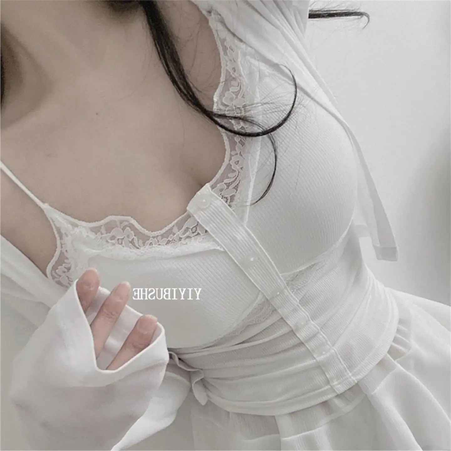 Pure Desire Lace Trim  Strap Top with Chest Pad Seductive Women's Flavor Small Strap Shirt Regular Thickness Summer Season