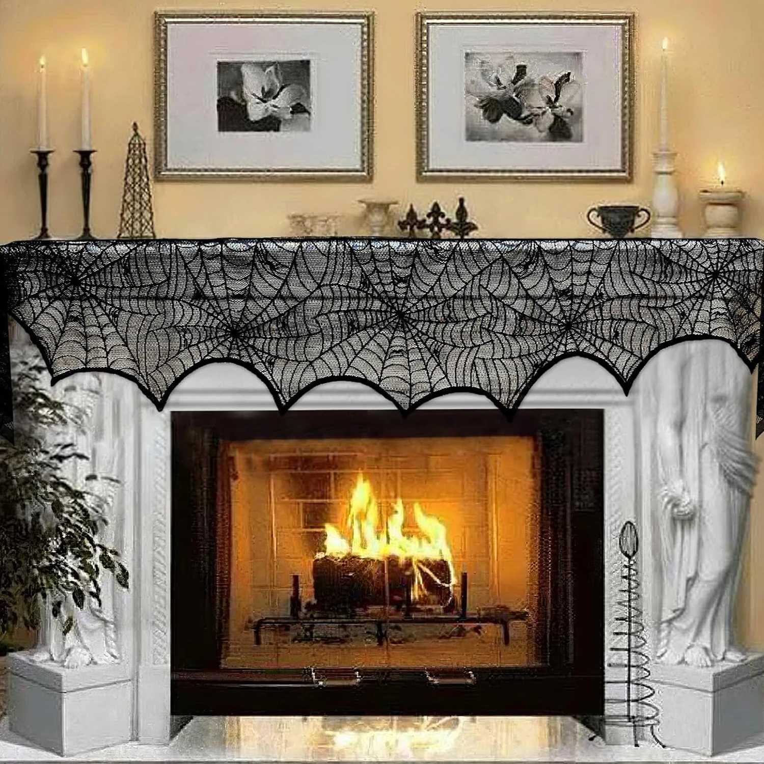 Halloween-Dekoration, schwarze Spitze, Spinnennetz, Kaminsims, Schal, Überzug, festliches Partyzubehör, 45 x 243 cm, 45,7 x 96 Zoll