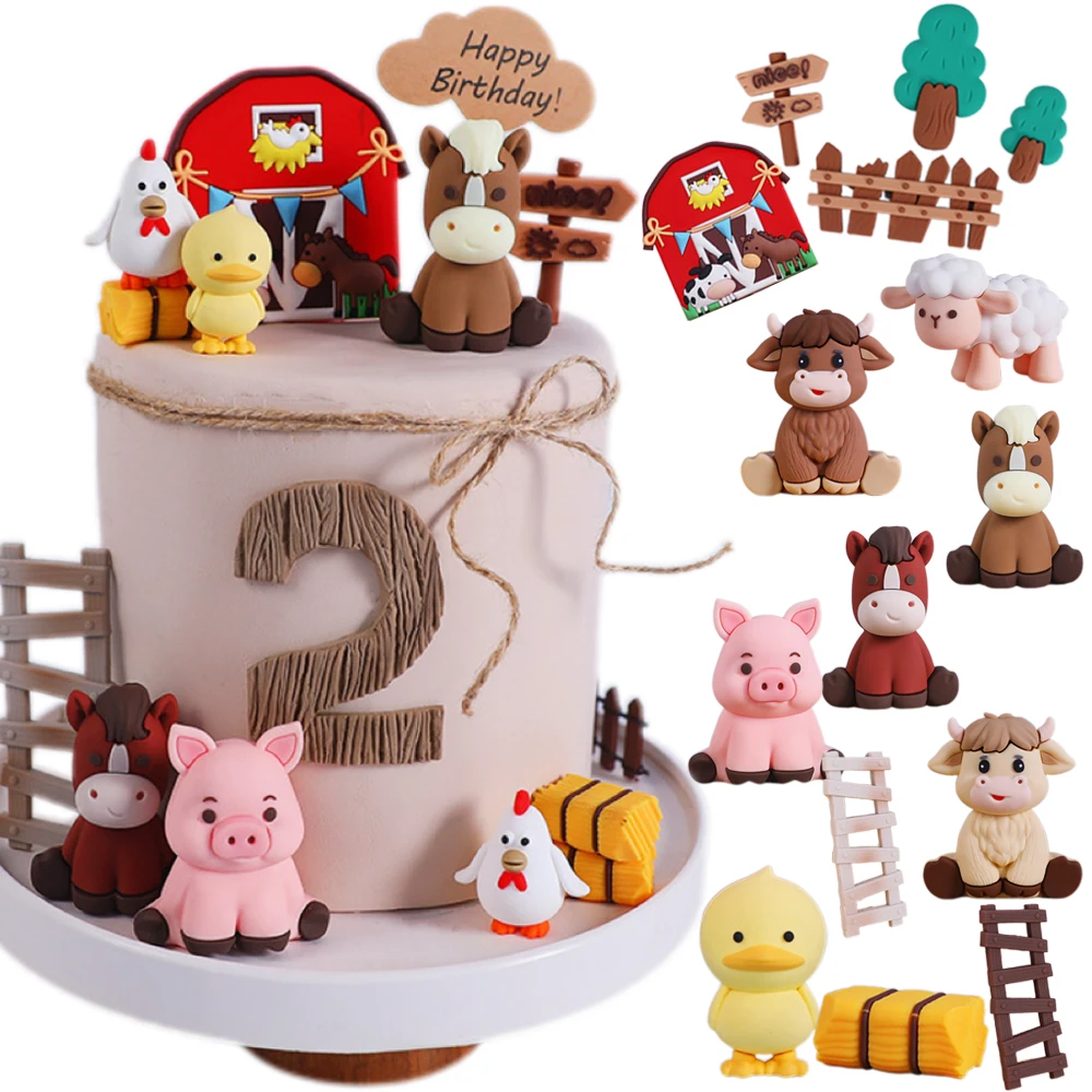 Pastoral Farm Animal Cake Decor Ornament Sheep Small Horse Little Pig Little Chicken Kids Birthday Baby Shower Party Cake Decor