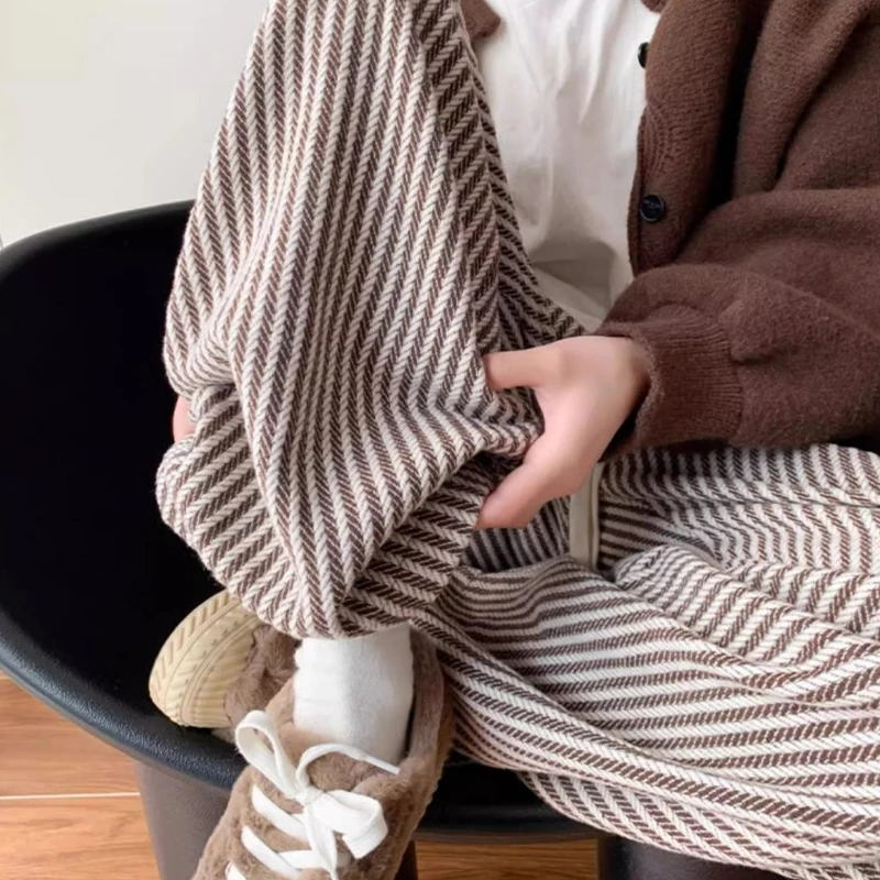 Spring Autumn Pants Women Retro Striped Knited Casual Daily Simple High Waist Wide Leg Trousers Stylish Temper Female All-match