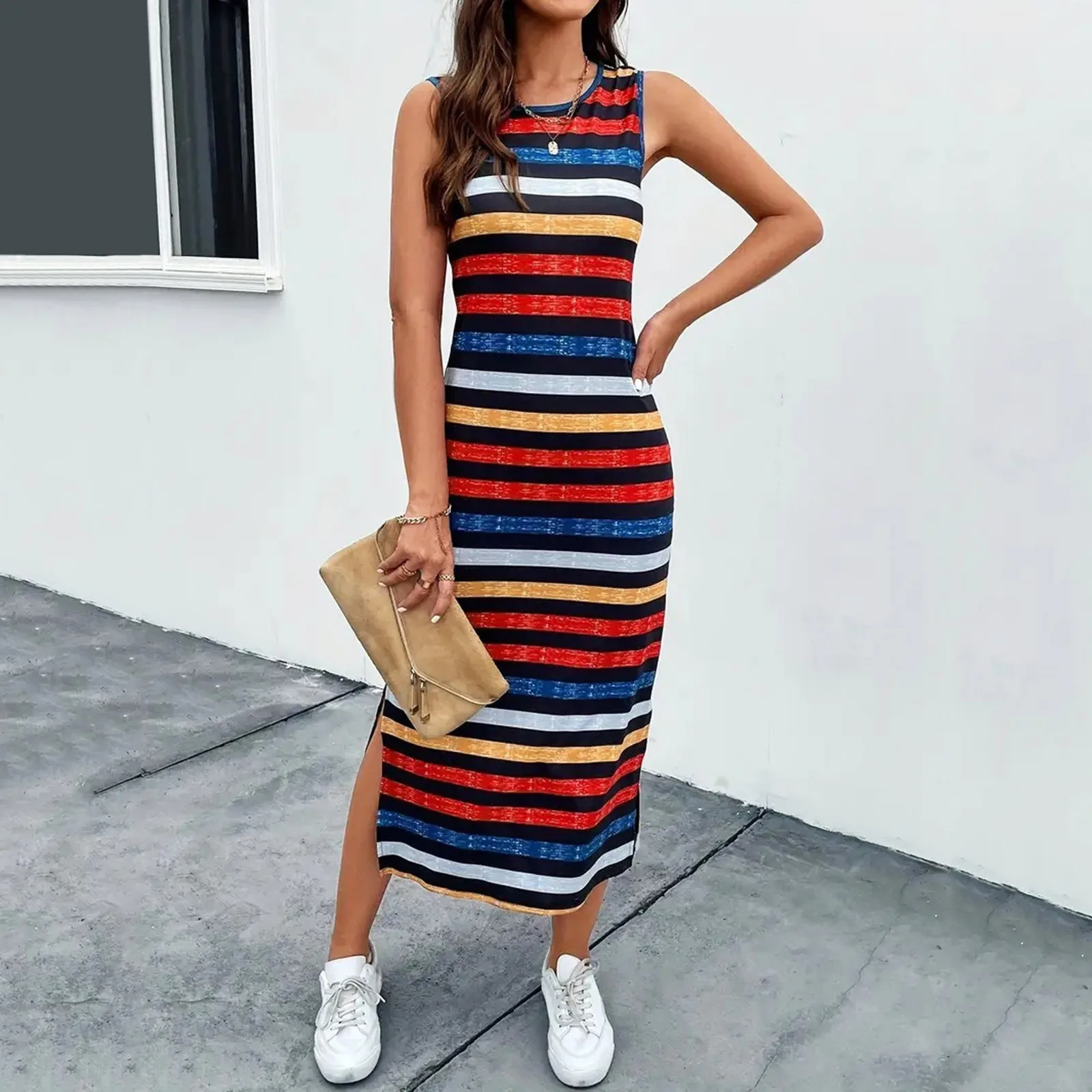 Women's Fashionable Striped Round Neck Sleeveless Dress Loose Casual Ladies Long Skirts 2024 Summer Comfort Femaele Dresses