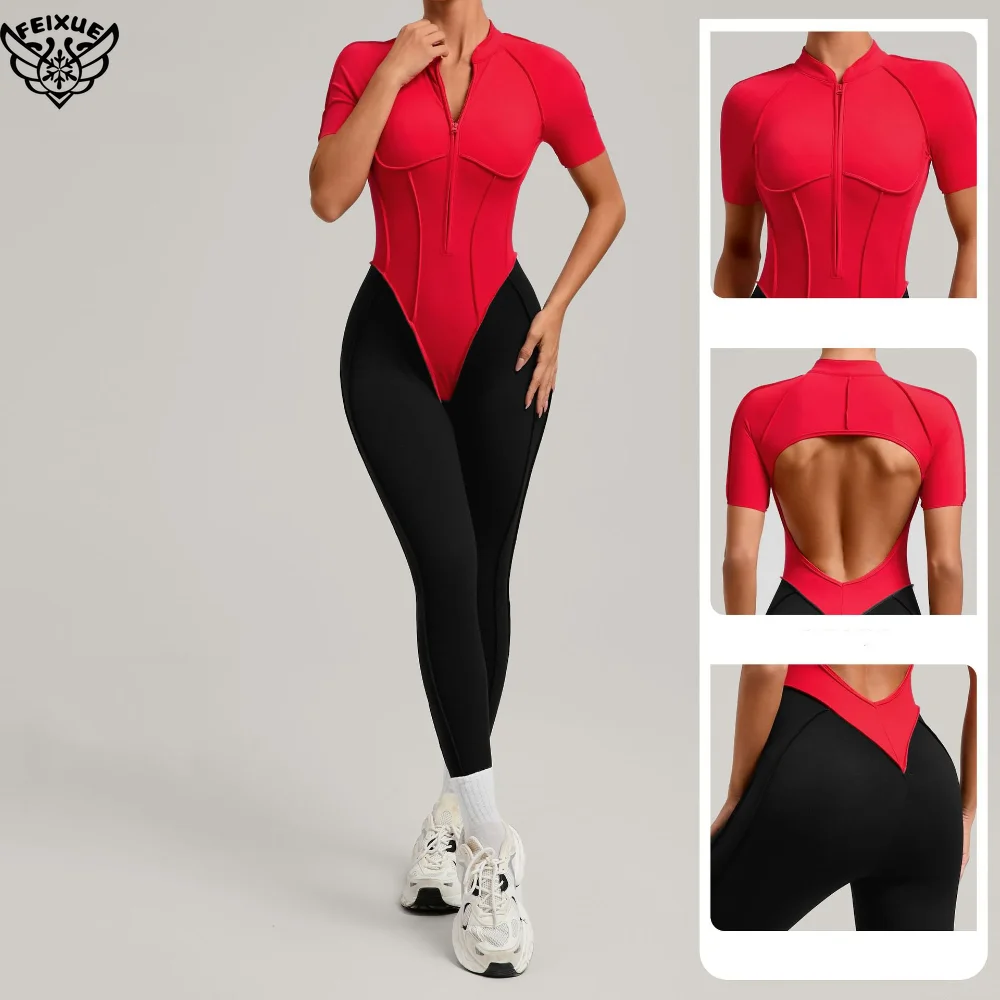 New Zip Nylon High Elastic Built in Bra Fitness Jumpsuit Short Sleeve Paneled Colors Workout Yoga Bodysuit for Women Backless