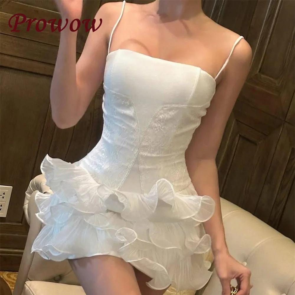

Prowow Sexy White Ruffles Hem Short Cocktail Prom Dresses Spaghetti Straps Puffy Mini Summer Beach Gowns Customized