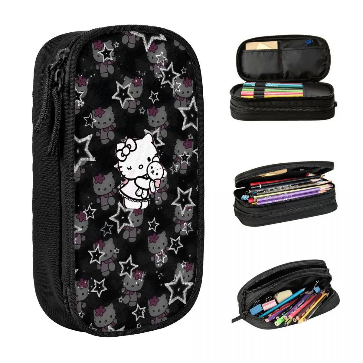 

Star Doodle Hello Kitty Pencil Case Back To School Pencil Cases Double Layer Students Retro Large Pencil Bag School Supplies